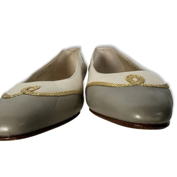 Bally Vtg Womens Pumps Size 5.5 Beige Two Tone Low Heel Classic Leather Metallic - Picture 4 of 7